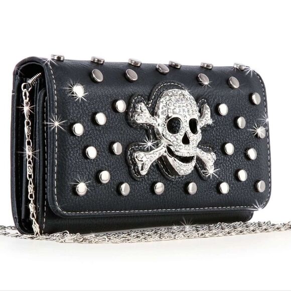 Black Skull and Studded Crossbody Wallet Handbag Purse - Picture 1 of 7